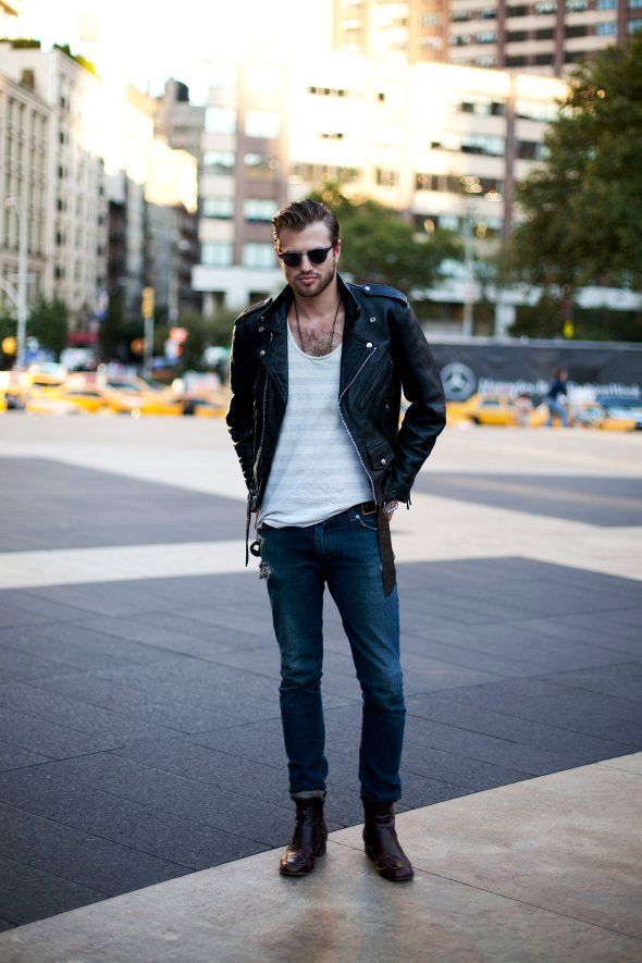 Jeans and leather jacket