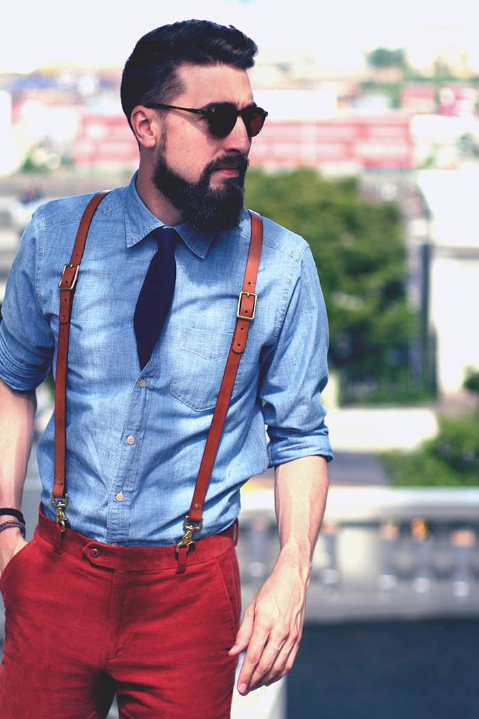 Leather Suspenders with White Shirt