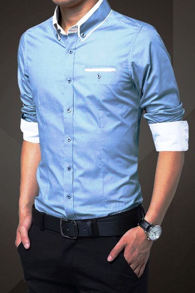Light Blue Cotton Squared-Off Collar Classic Mens Shirt