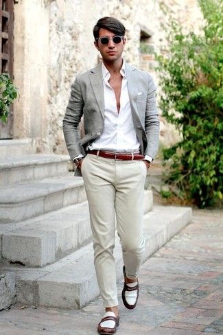 Men's Grey Blazer, White Dress Shirt, Beige Chinos, White and Brown Leather Loafers