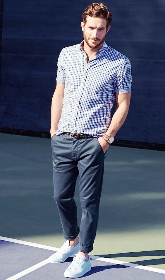 Men's Navy and White Gingham Short Sleeve Shirt, Navy Chinos, White Low Top Sneakers, Dark Brown Woven Leather Belt
