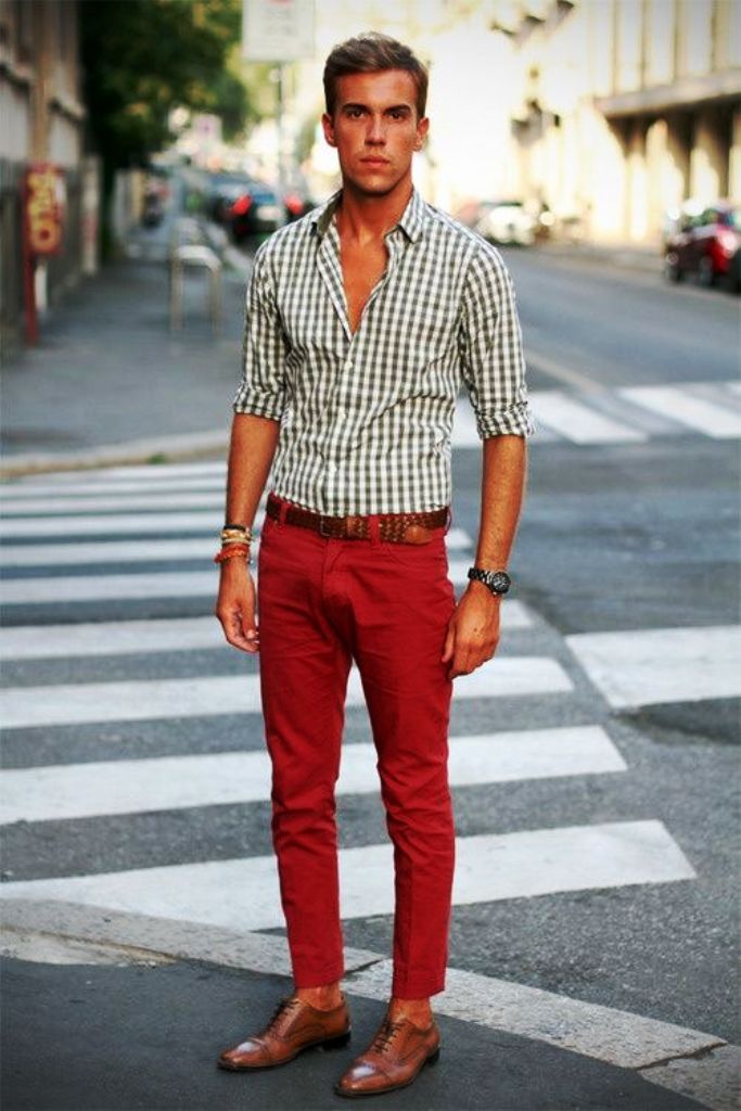 Men's White Gingham Long Sleeve Shirt, Red Jeans, Tan Leather Brogues, Brown Leather Belt