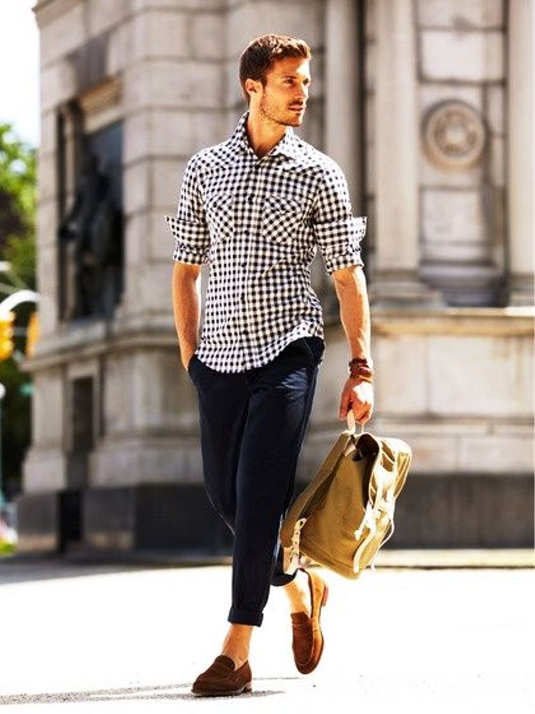 Men's White and Black Gingham Long Sleeve Shirt, Navy Chinos, Brown Suede Loafers, Brown Backpack