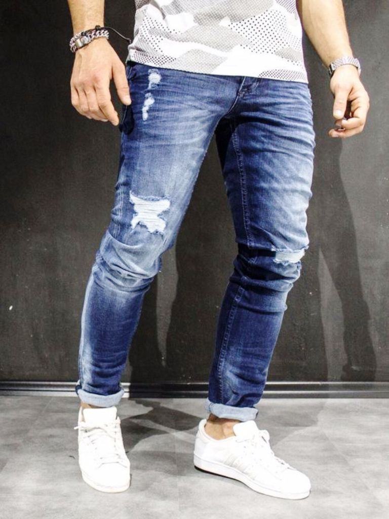P&V Men Slim Fit Simply Ripped Jeans - Blue