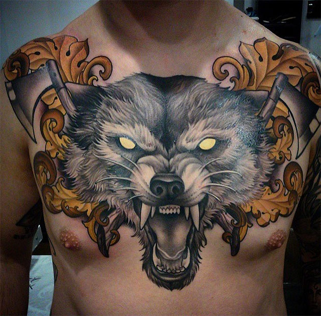 wolf sternum tattoo