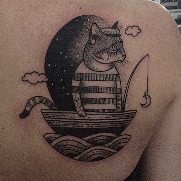 cat tattoo dotwork