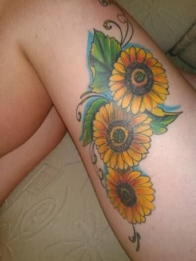 sunflower thigh tattoos
