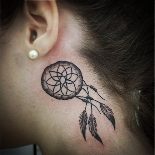 dream catcher tattoo behind ear