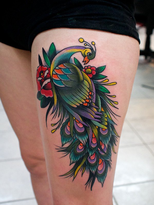 peacock thigh tattoos